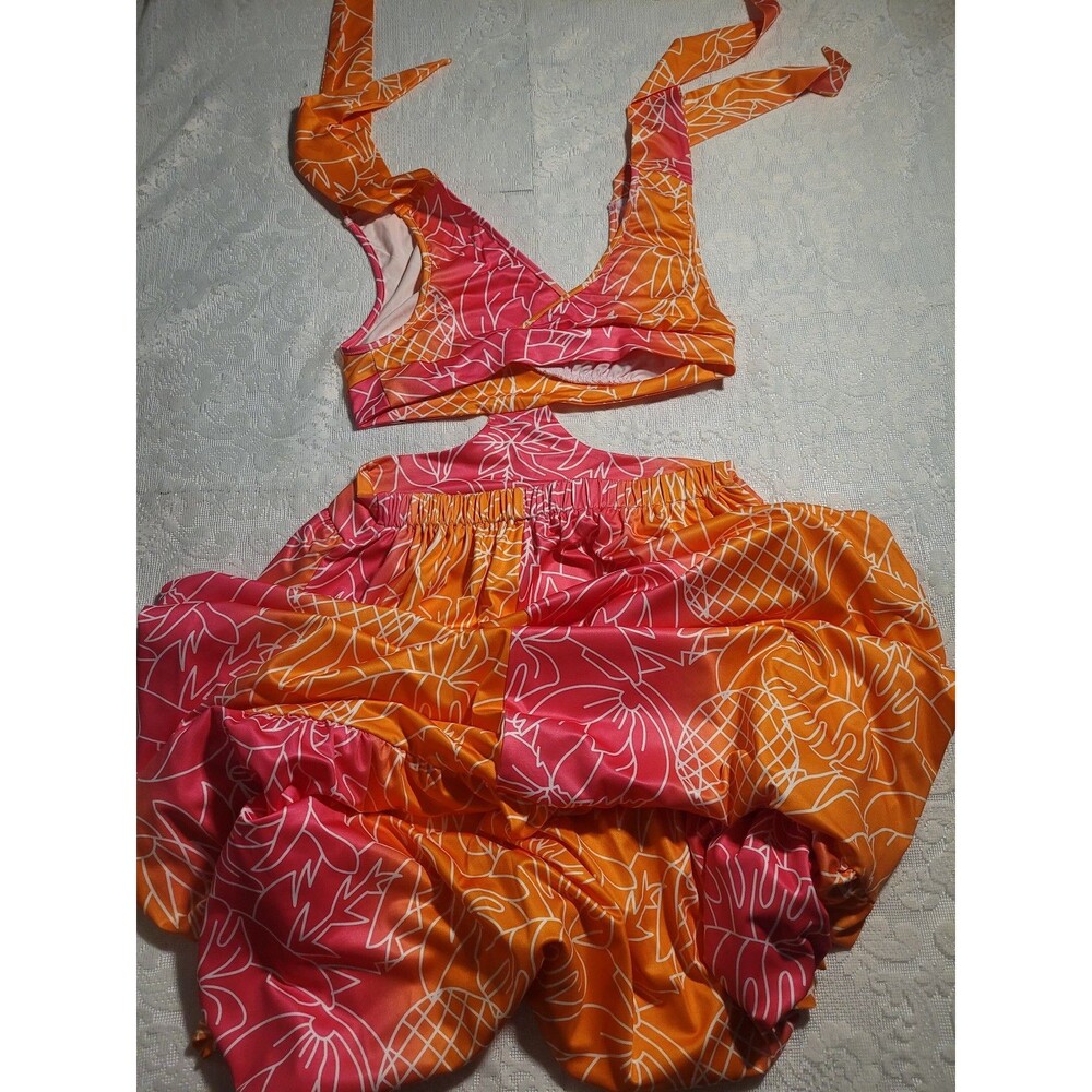 SHEIN Tropical Beach Halter Maxi Dress Pink Orange Small #103 - Picture 5 of 10